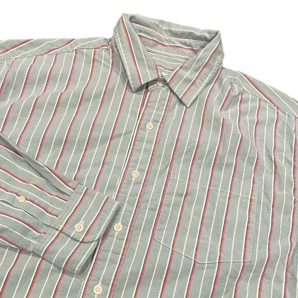 American Eagle Men's Sz M Green Red White Striped Relaxed Fit Shirt - Picture 2 of 13